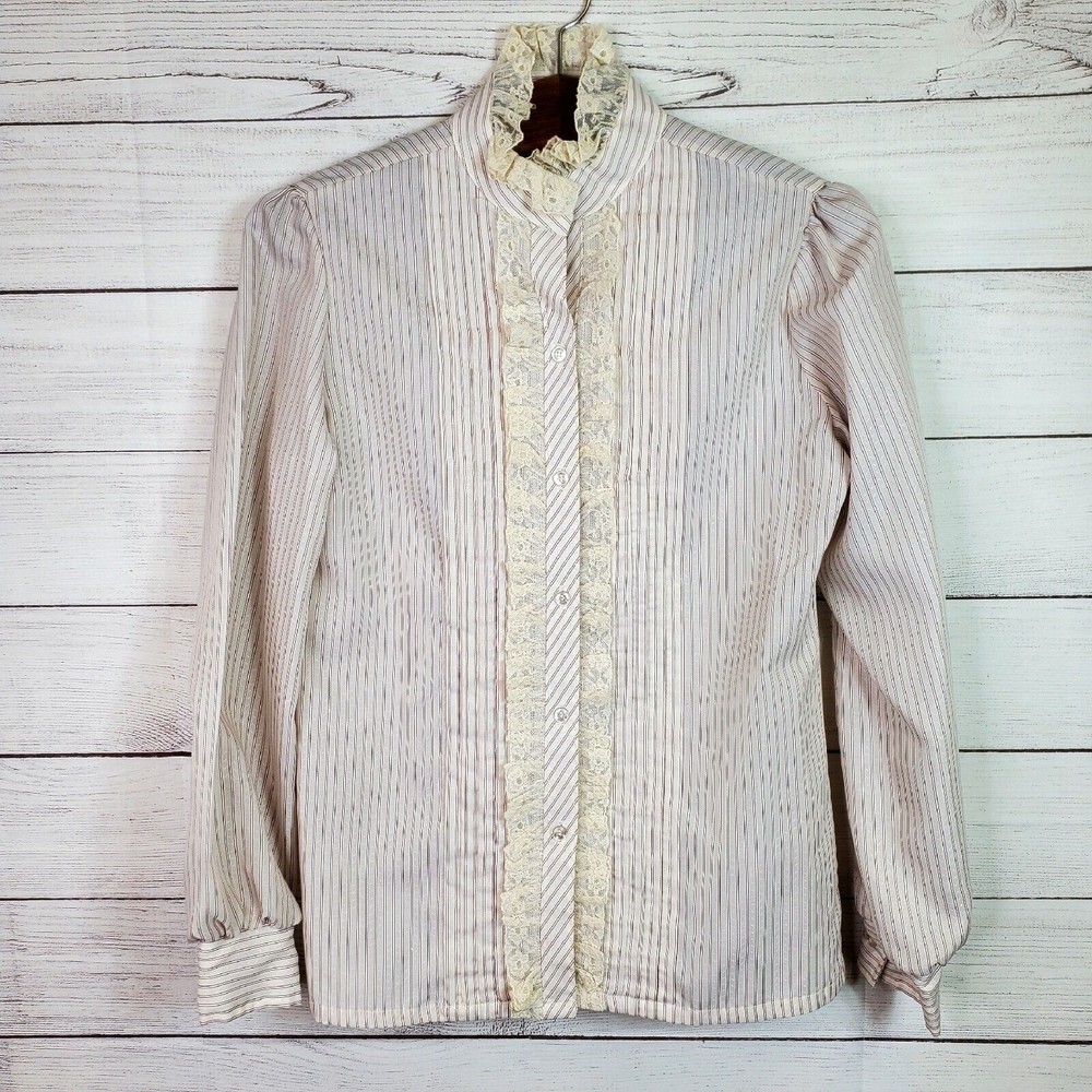 Vintage Oak Hill 70s 80s Womens Button Up Shirt Lace High Neck Ruffles Sz 12 USA